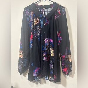 Free People Multicolor Button Down Oversized Blouse